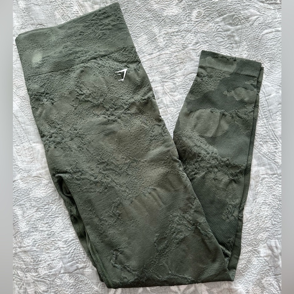 Gymshark leggings, camo green pattern, full length